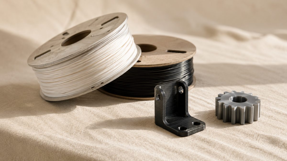 PLA en PETG filamentrollen in wit en zwart naast 3D-geprinte onderdelen